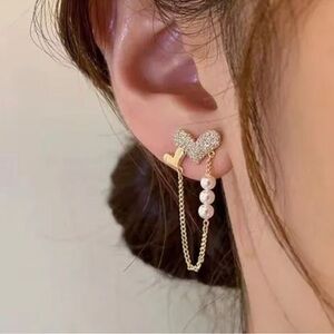 Dainty Heart Earrings with gold chain and pearls - New